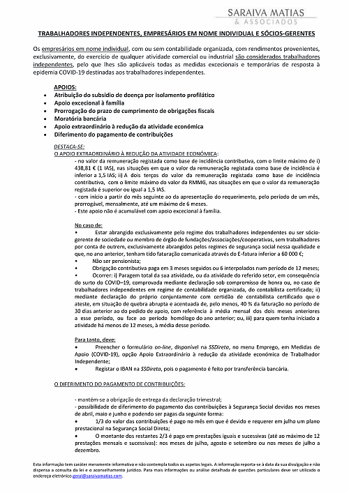 TRABALHADORES INDEPENDENTES, EMPRESÁRIOS EM NOME INDIVIDUAL E SÓCIOS-GERENTES