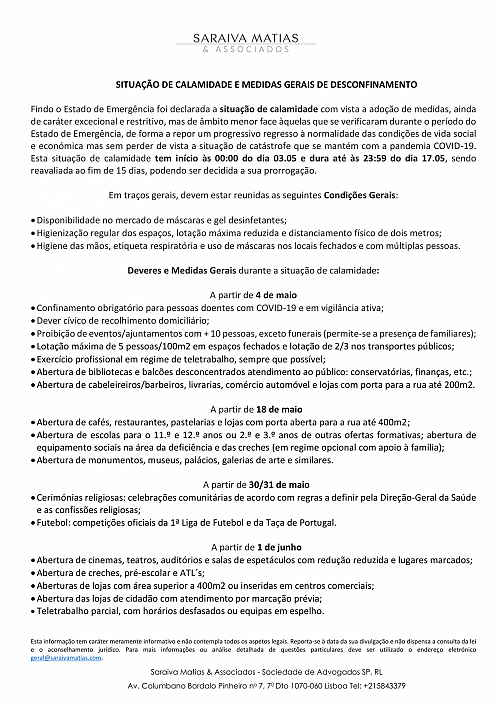 ESTADO DE CALAMIDADE E MEDIDAS GERAIS DE DESCONFINAMENTO